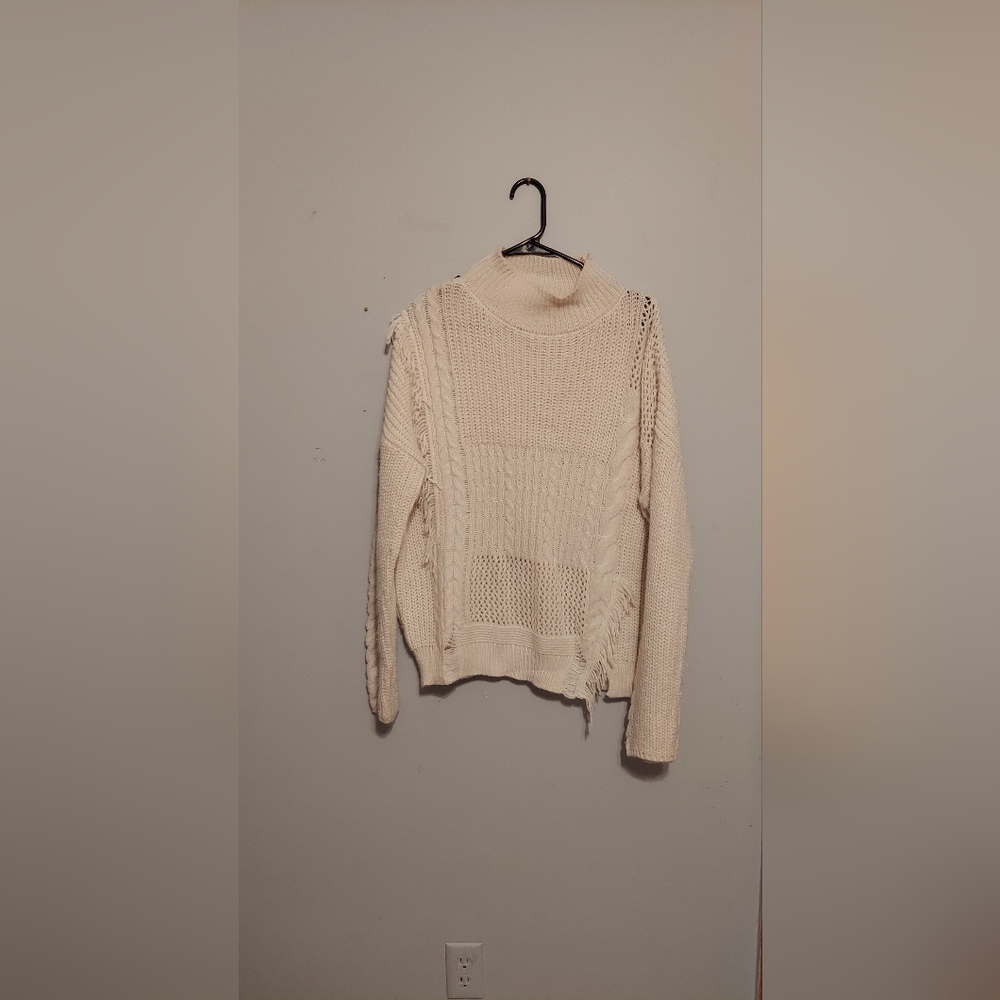Boho Cable Knit Sweater L Preppy Festival Fringe Mock Neck Western Cottagecore